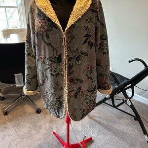 Sundance Gray Floral winter car coat with Cream Sherpa Trim